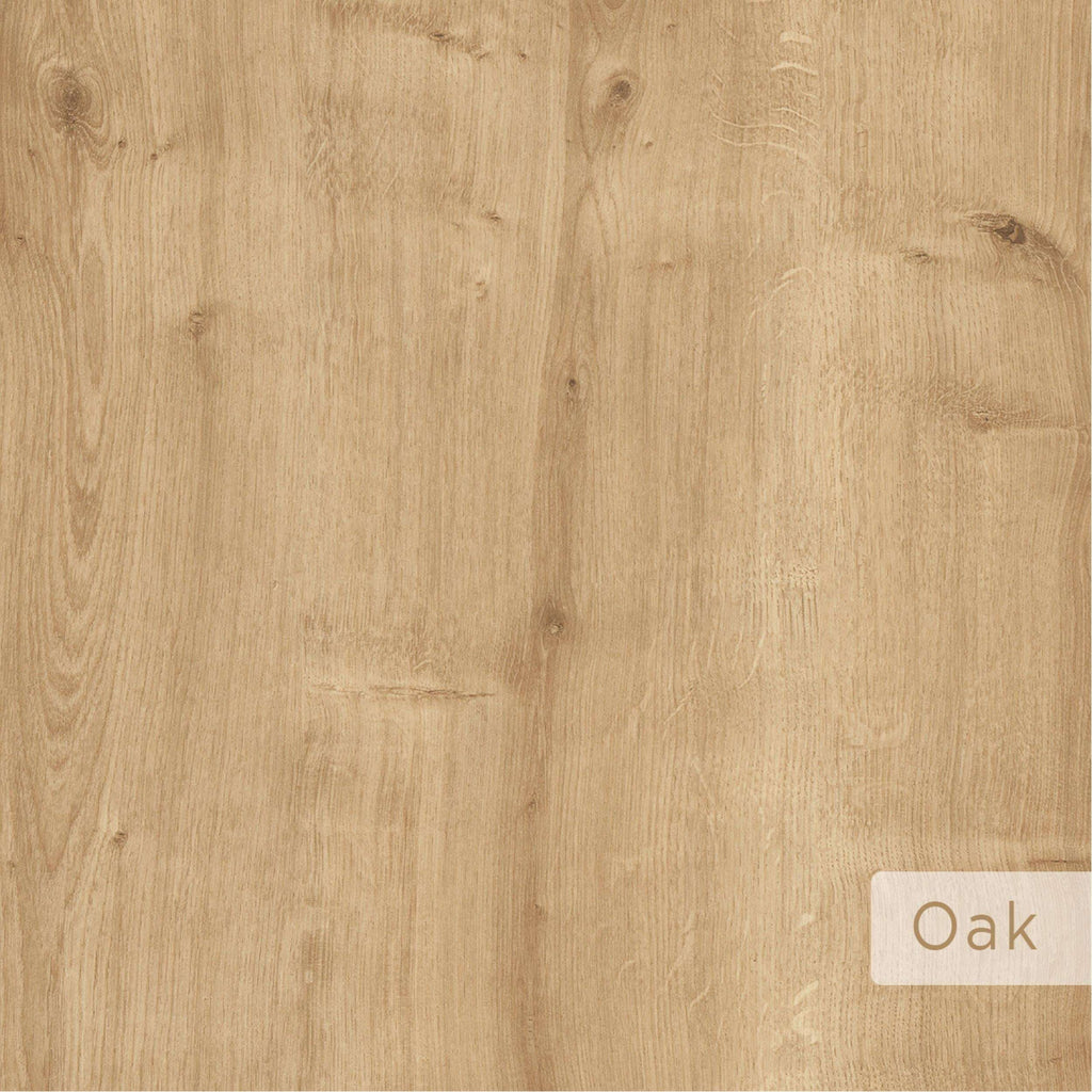 Close-up of oak wood paneling for console sideboard, visible grain and label tab