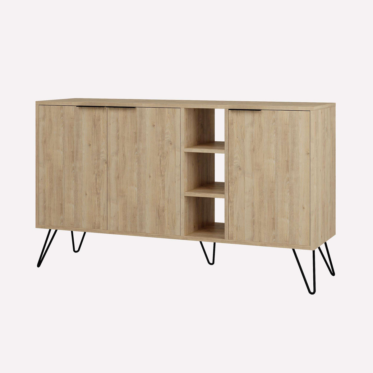 Light oak modern console sideboard with two doors and open vertical shelf column