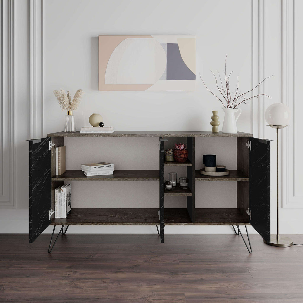Modern console sideboard with open shelving inside and black marble door panels