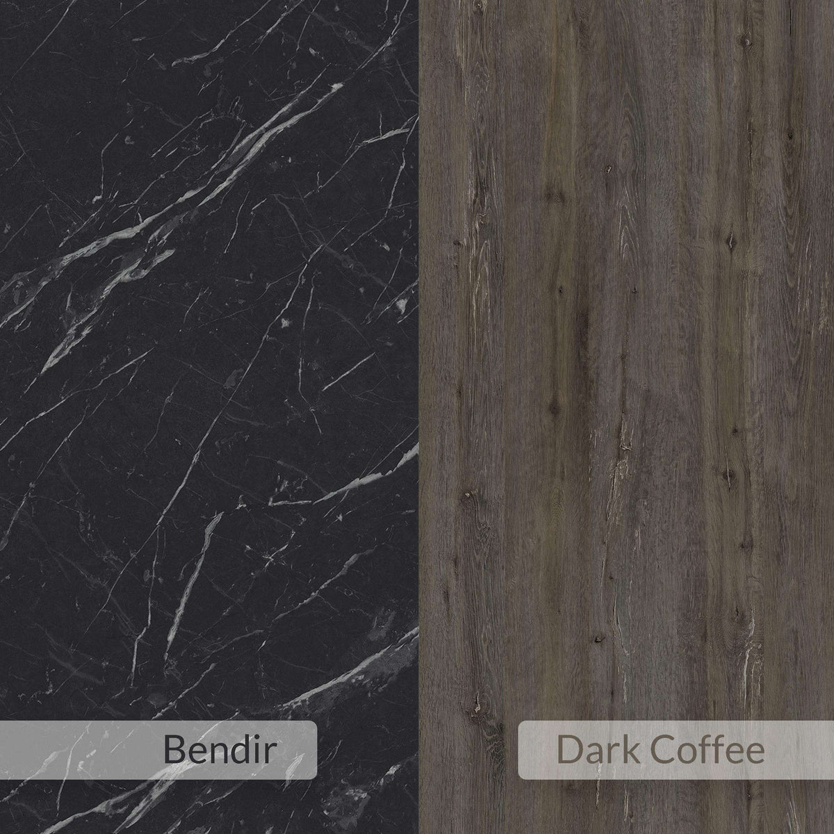 Close-up of black marble panel and dark wood sideboard surface with vertical grain