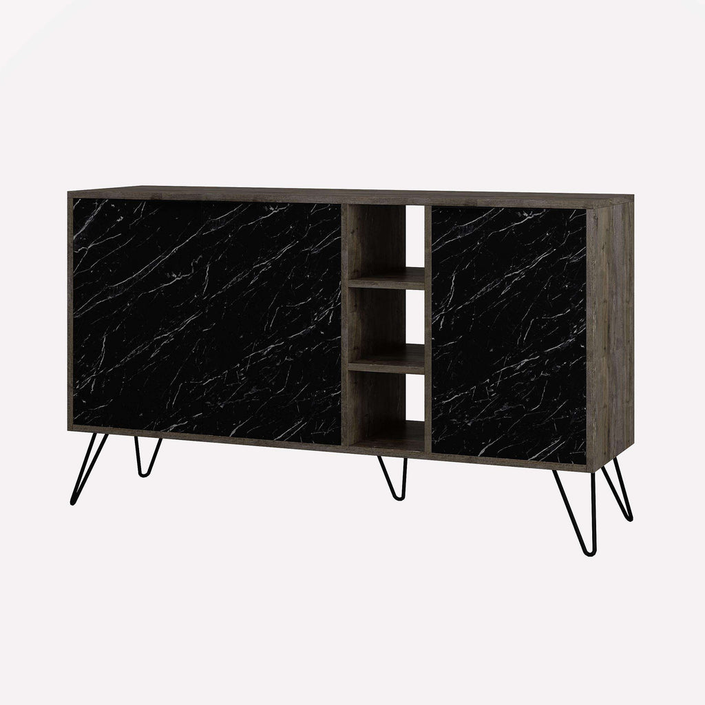 Modern console sideboard with black marble doors, open shelves, and angled metal legs