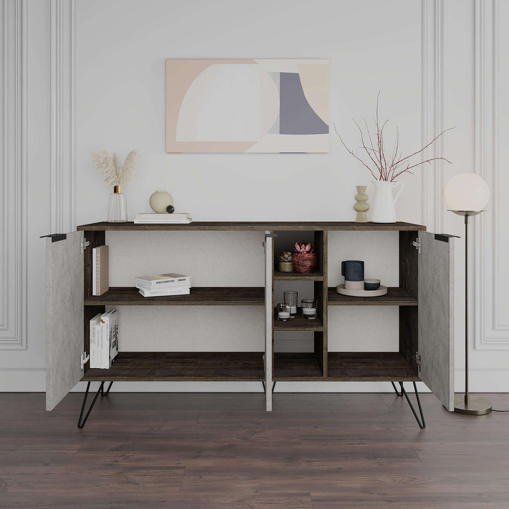 Modern sideboard with two doors and central open shelving, dark coffee finish and slim legs