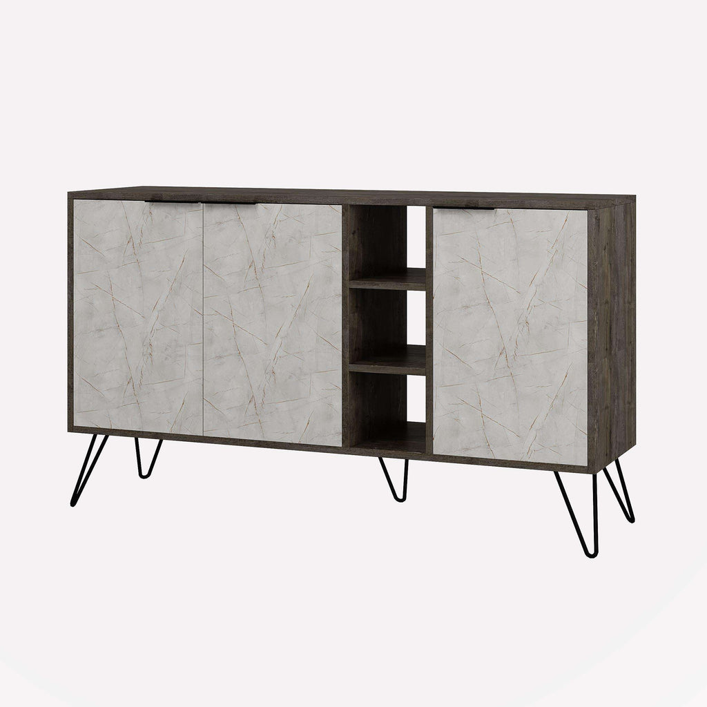 Wide sideboard with two cabinet doors and middle open compartment, marble-look panels and legs
