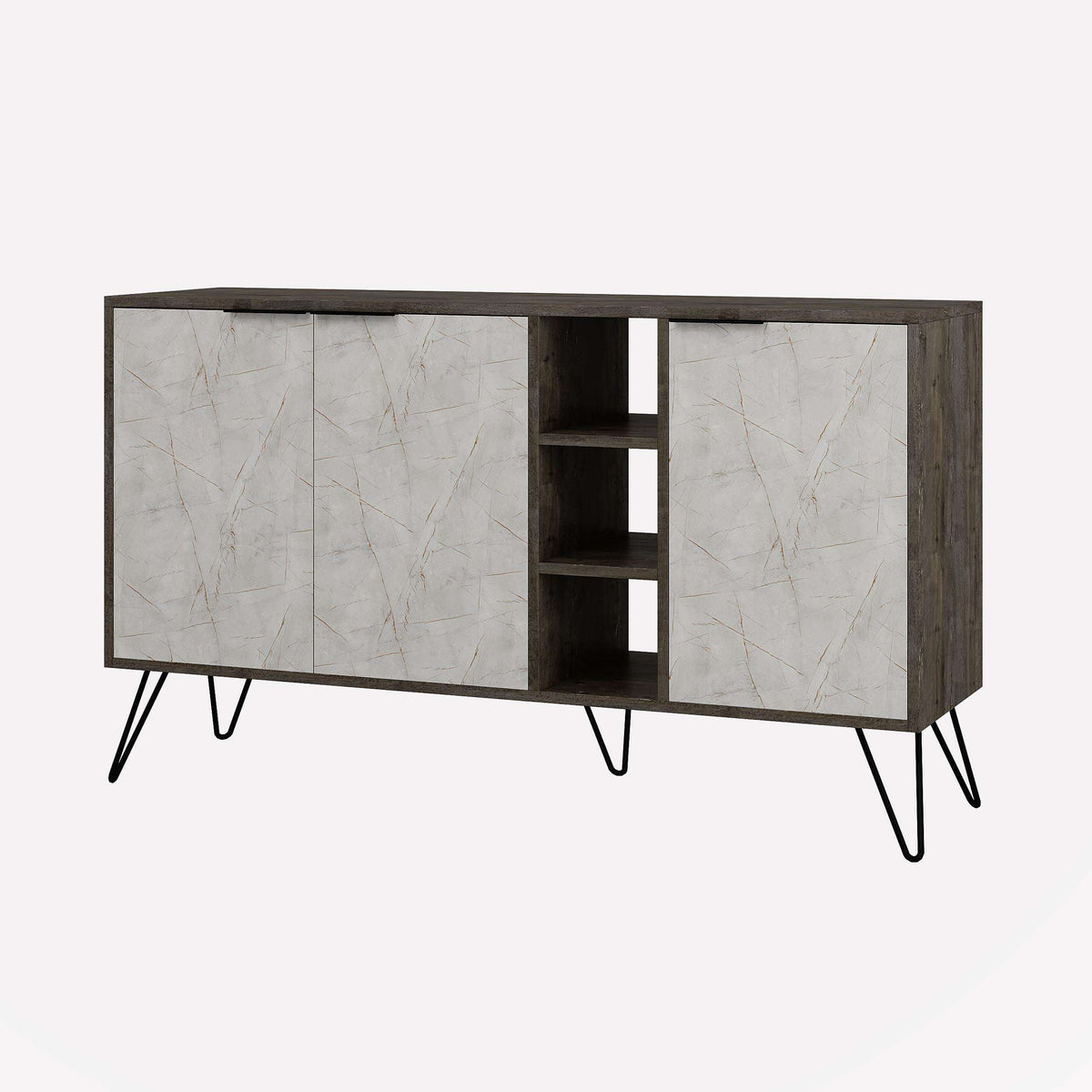 Wide sideboard with two cabinet doors and middle open compartment, marble-look panels and legs