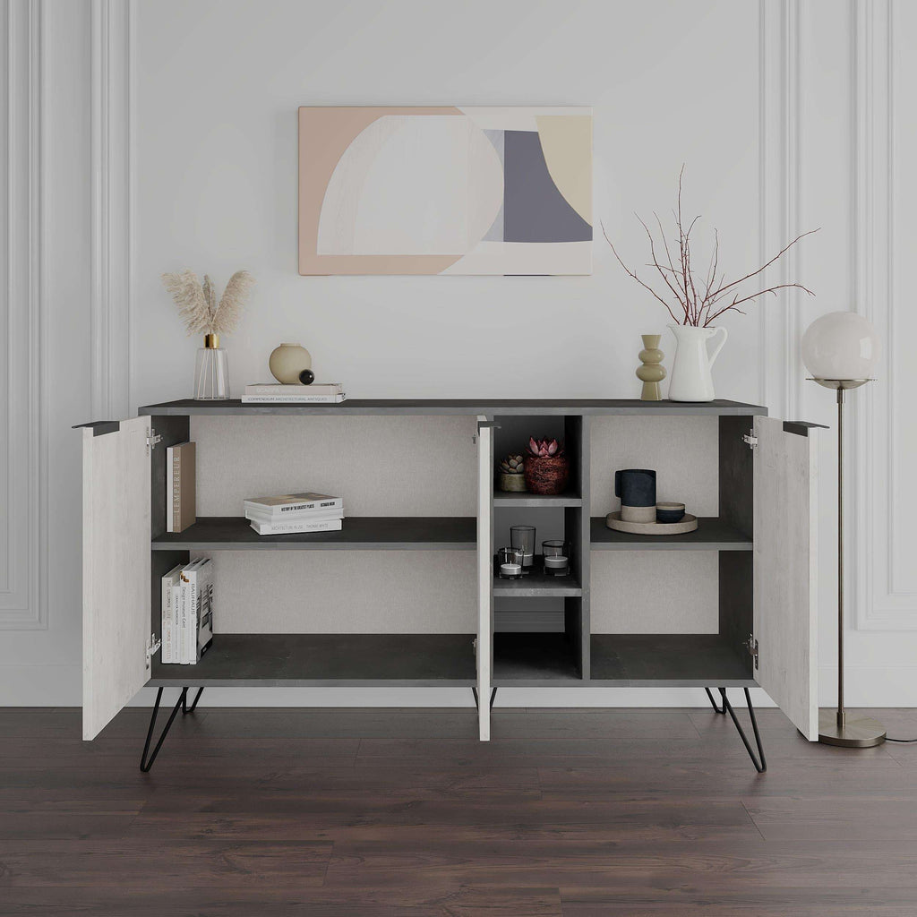 Modern console sideboard with dark frame, open center shelves, and two cabinet doors