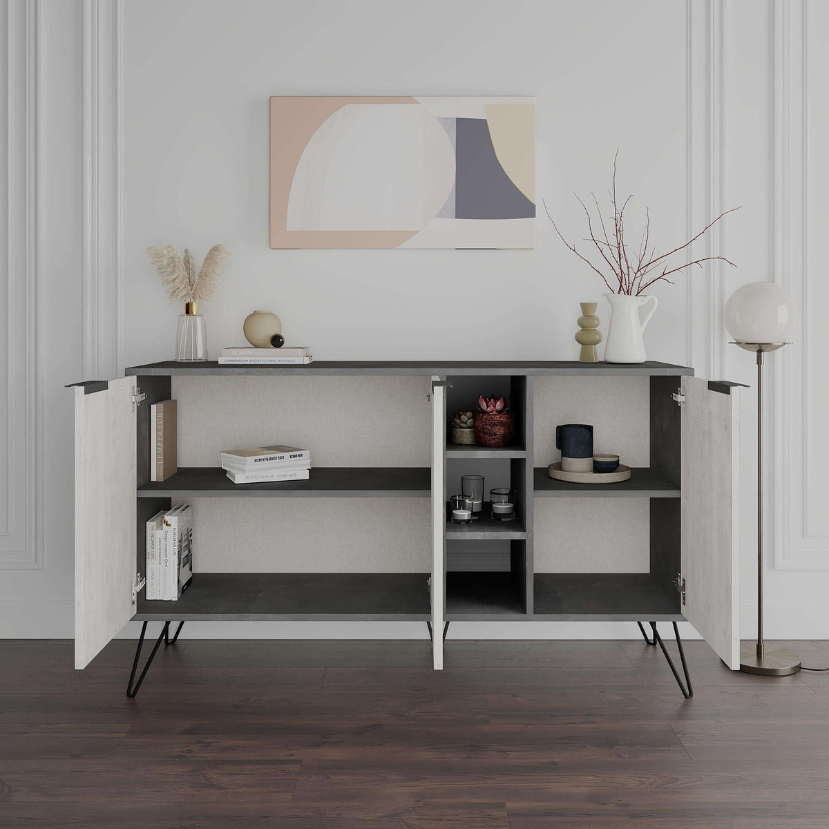 Modern console sideboard with dark frame, open center shelves, and two cabinet doors