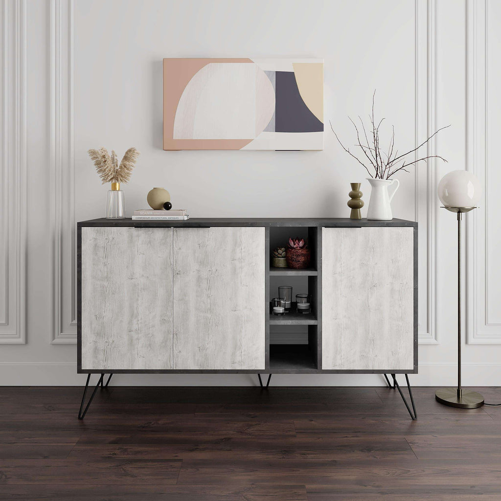 Modern sideboard console with two doors and open center shelving, concrete gray finish.