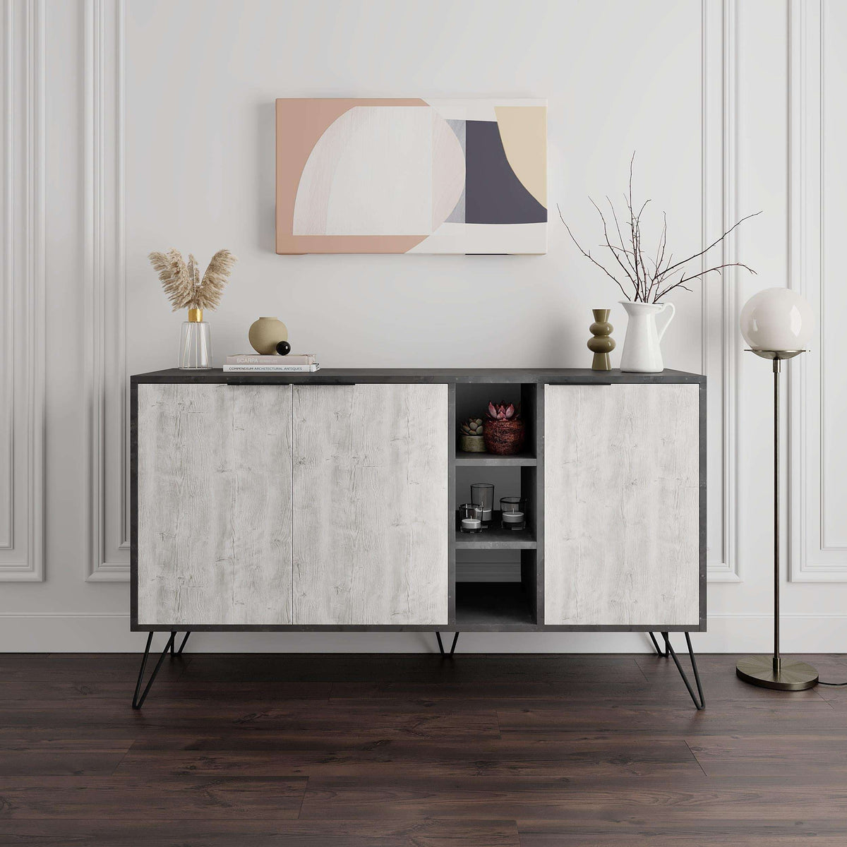 Modern sideboard console with two doors and open center shelving, concrete gray finish.