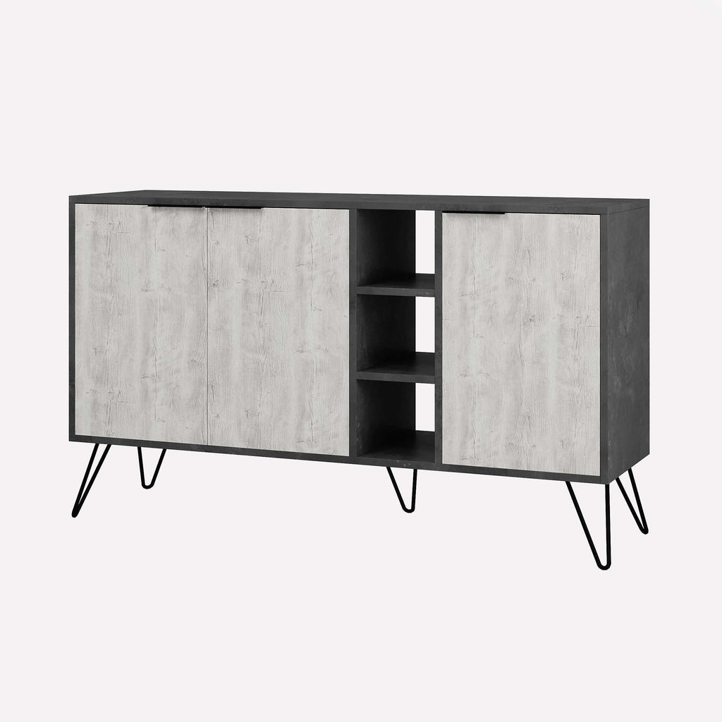 Concrete gray sideboard console with two doors and open center shelves, black metal legs.