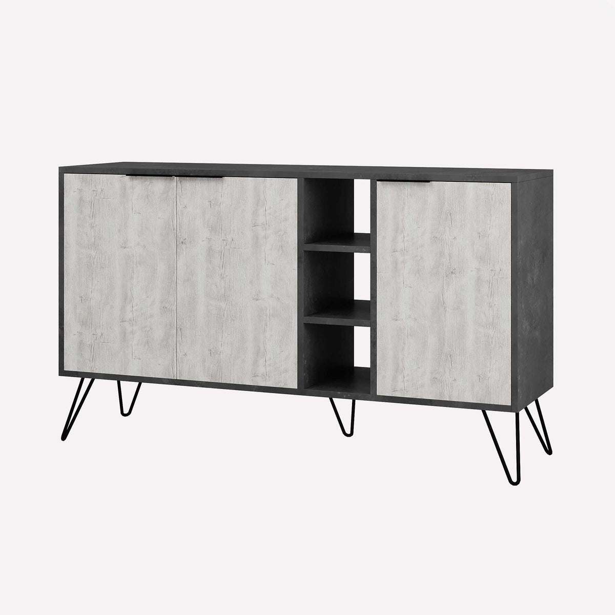 Concrete gray sideboard console with two doors and open center shelves, black metal legs.