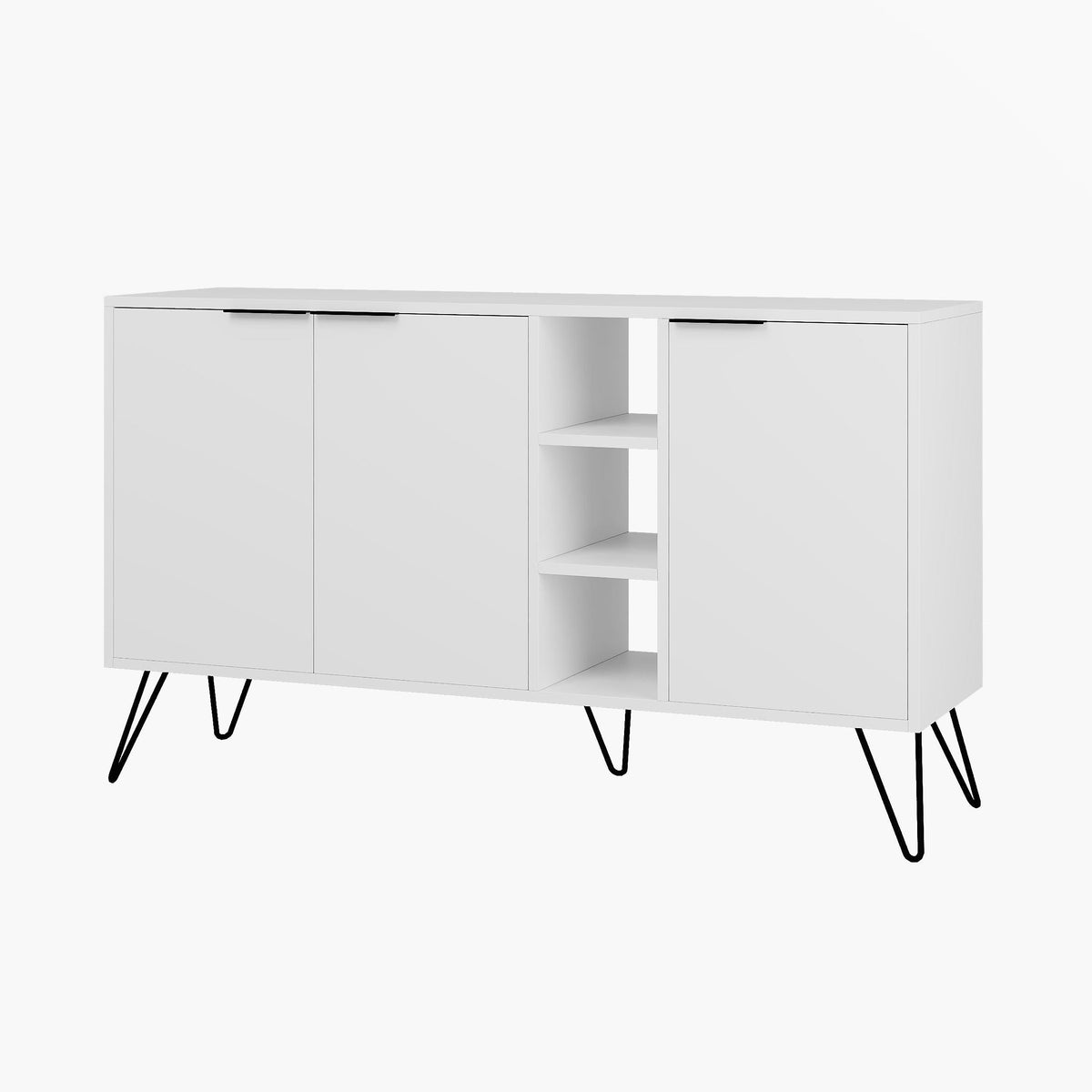 Modern sideboard console with two doors and open center shelves, white finish, black legs.