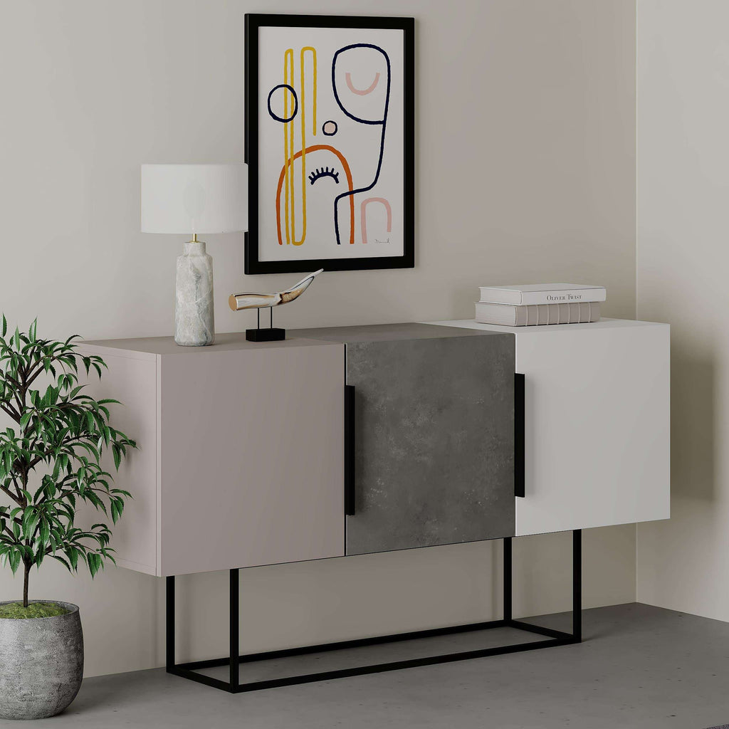 White and dark grey console sideboard with open shelves, central cabinet door, black handles