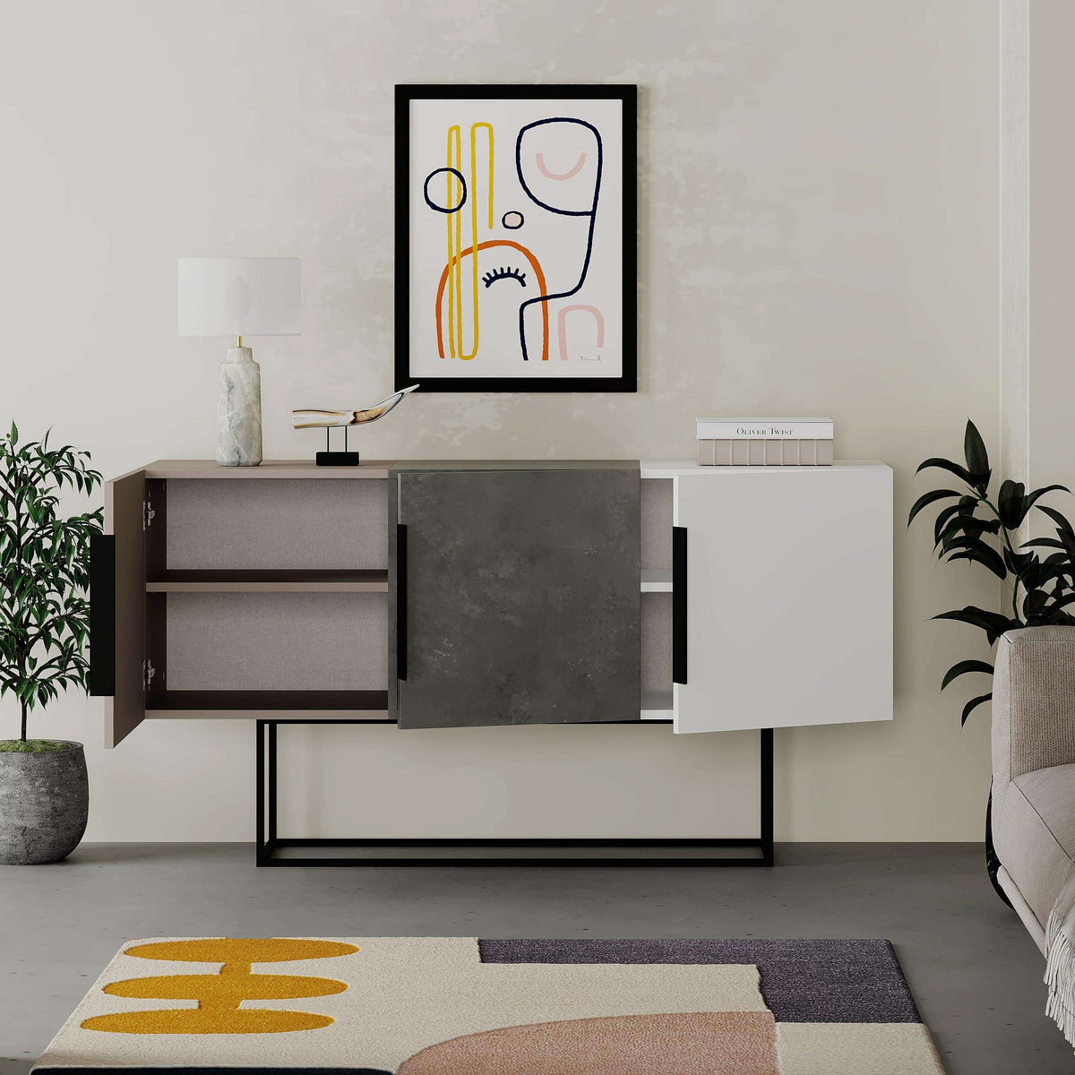Grey console sideboard with central door, open shelves, and black metal support frame