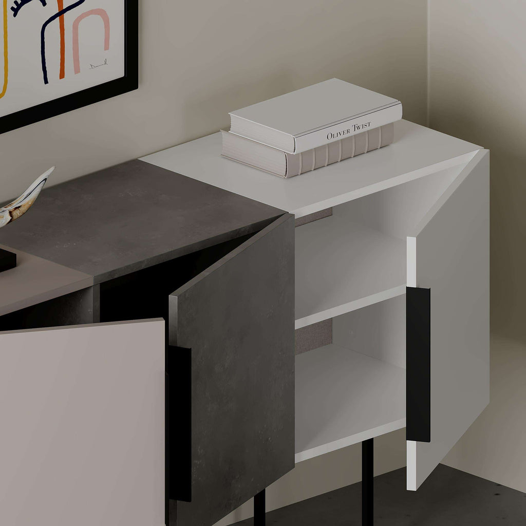 Two-tone console sideboard with dark tabletop, dark cabinet doors, and open lower shelves