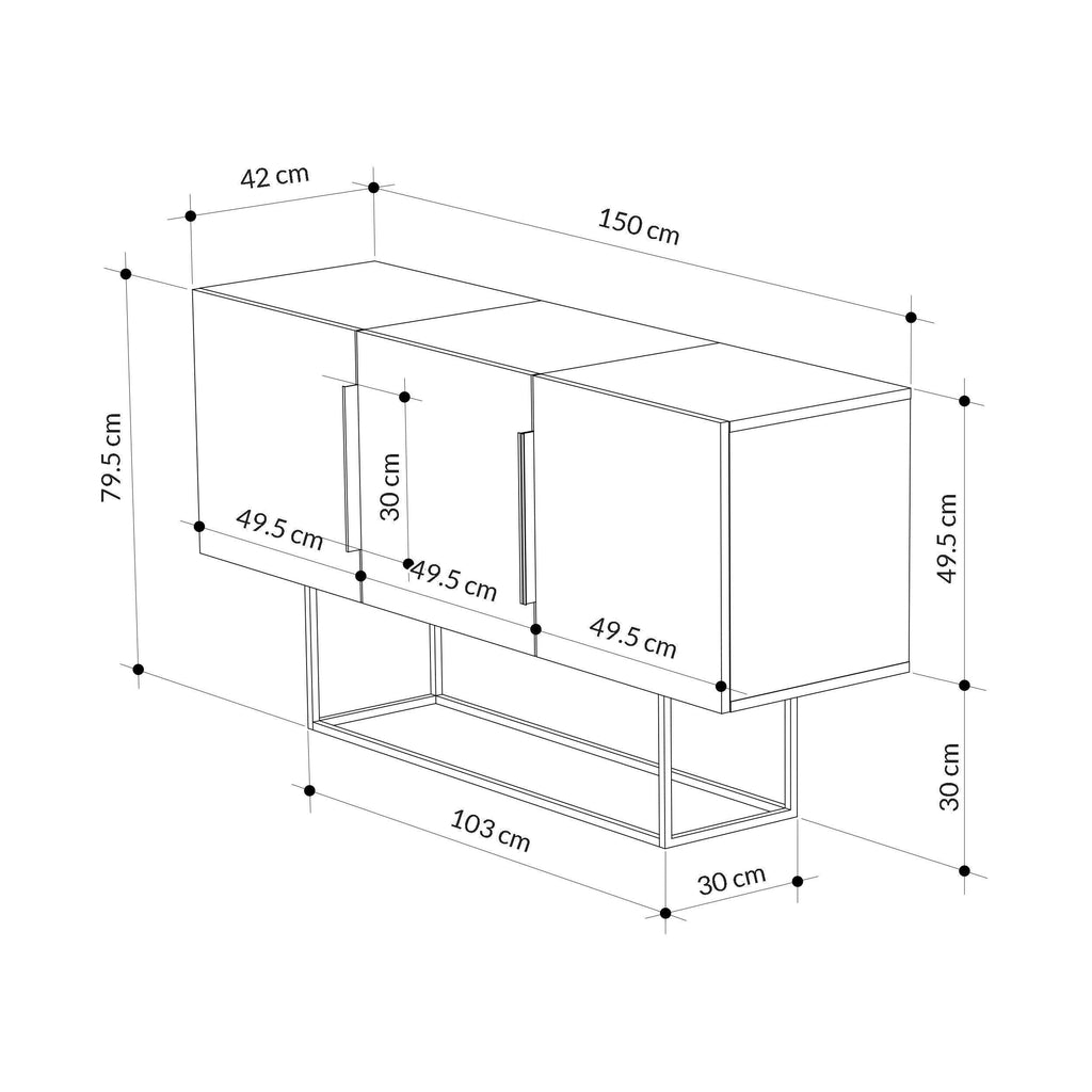 Console sideboard dimensions diagram with width, height, and depth measurements