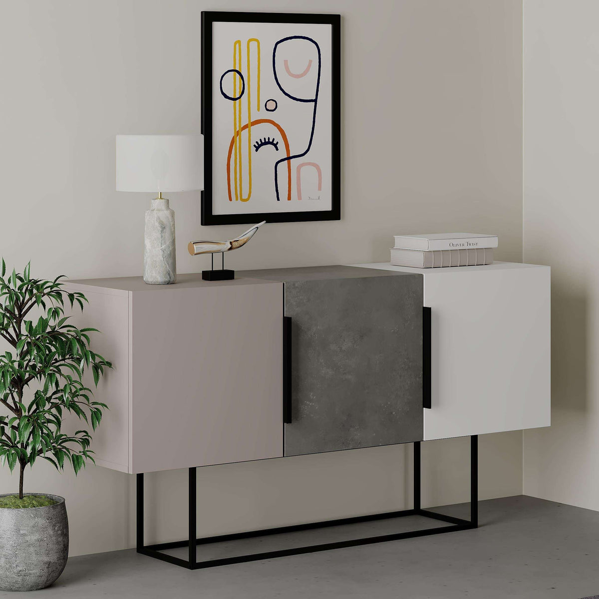 Modern console sideboard with light cabinet, dark center doors, and black metal base