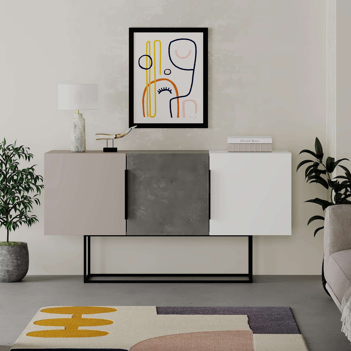 Grey console sideboard with central cabinet door, open shelves, and black metal frame