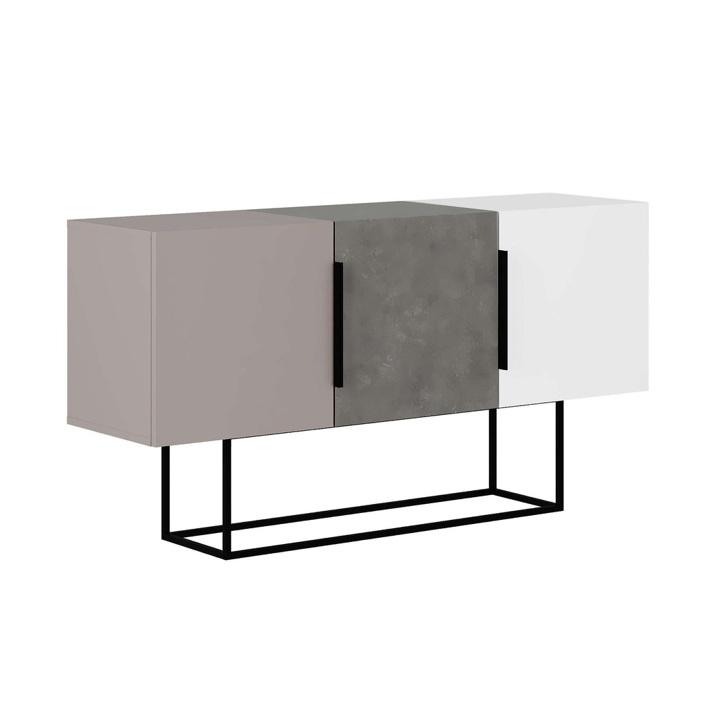 Two-tone console sideboard with grey and beige panels, black legs, and side handles