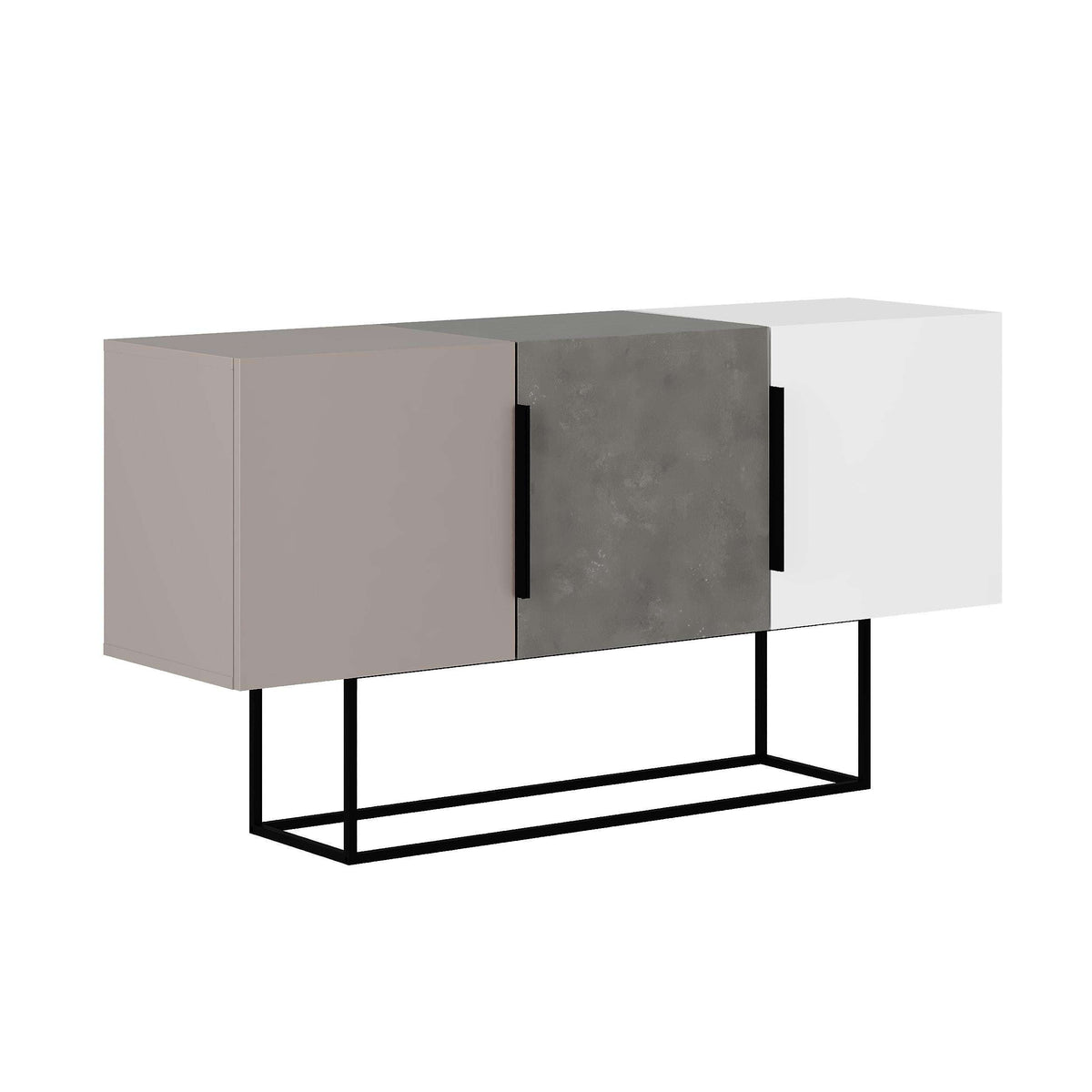 Two-tone console sideboard with grey and beige panels, black legs, and side handles