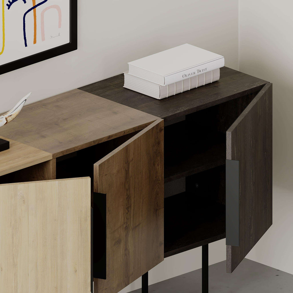 Dark wood console sideboard with open shelf and black side handles, rectangular design