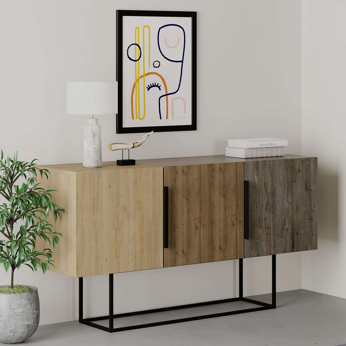 Light wood and dark grey console sideboard with open cabinet space and black handles