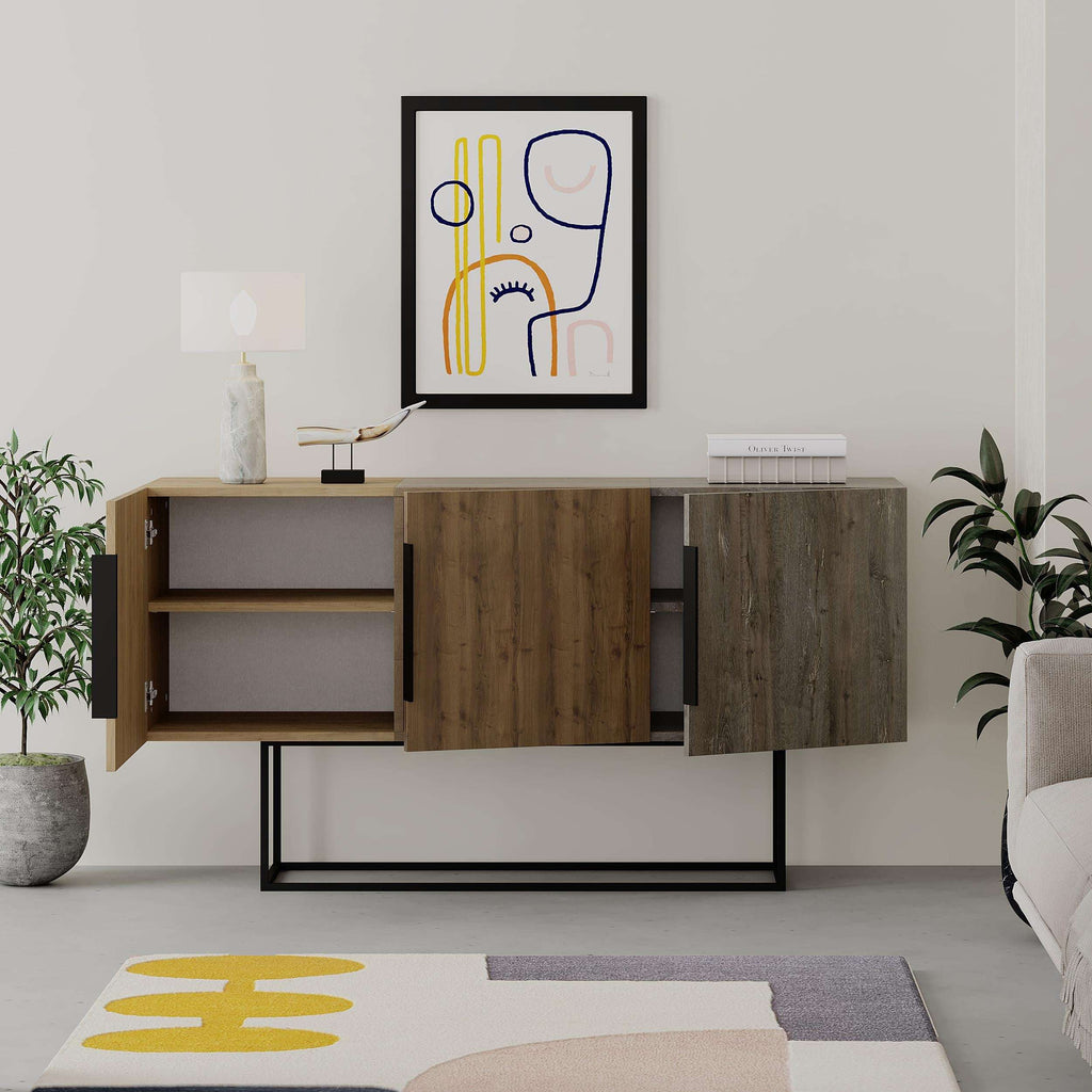 Console sideboard display unit with oak and dark wood finishes, open shelves and cabinet door