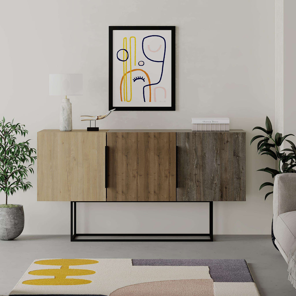 Console sideboard display unit with light oak and dark wood panels, black legs and doors