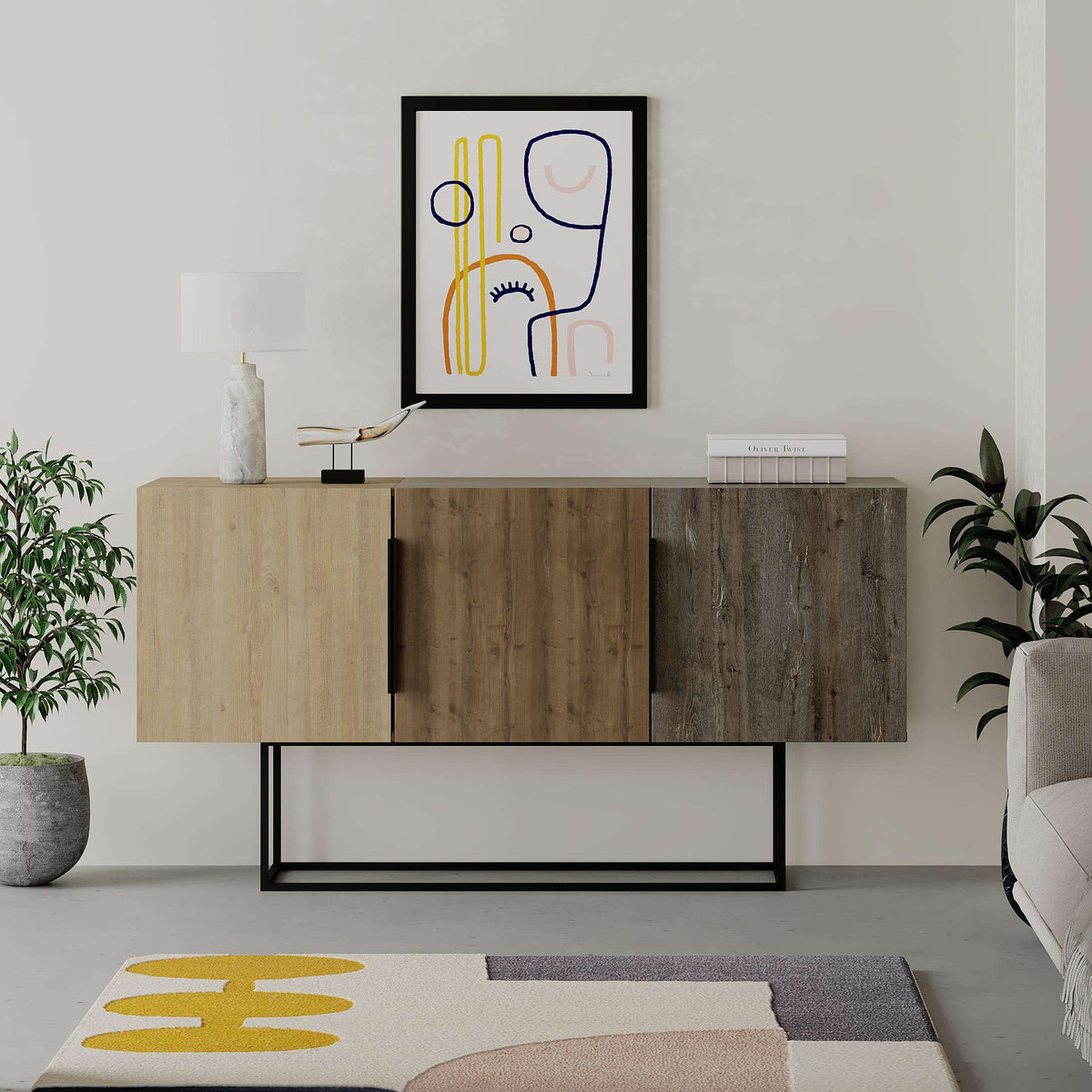 Console sideboard display unit with light oak and dark wood panels, black legs and doors