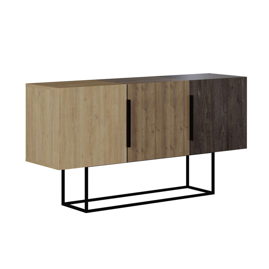 Console sideboard display unit in three-tone wood with black metal legs and sliding doors