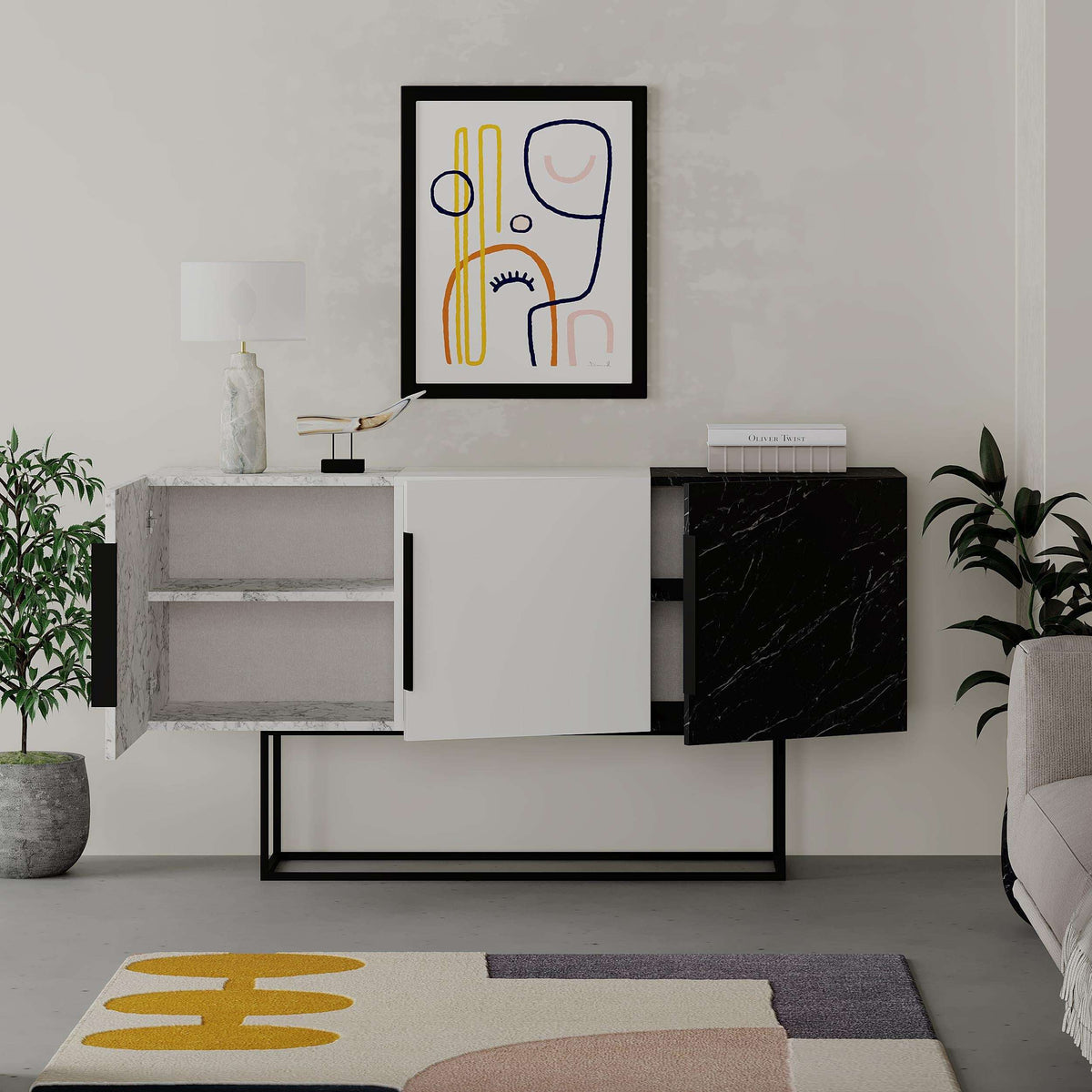 Console sideboard with light grey left cabinet, dark right panel, and black base frame