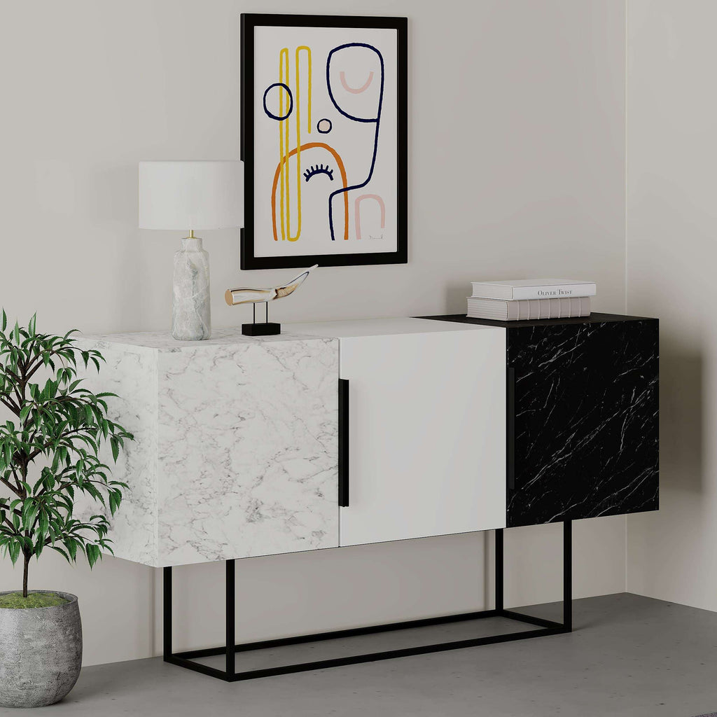 Two-tone console sideboard with marble-look panels, black frame, cabinet doors
