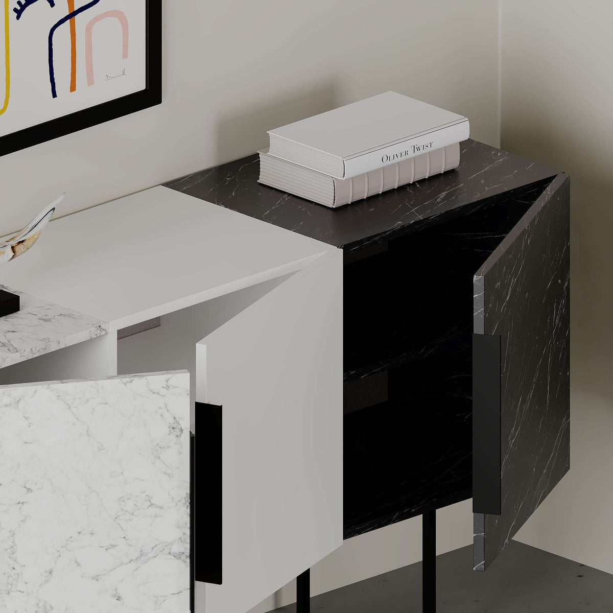 Console sideboard with light marble left panel, dark top, white center door, and black frame