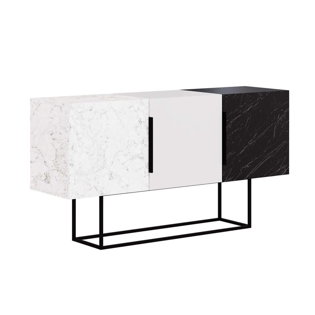 Three-door console sideboard with white, solid, and black marble-look panels on black legs
