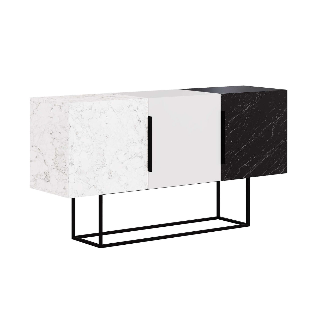 Three-door console sideboard with white, solid, and black marble-look panels on black legs