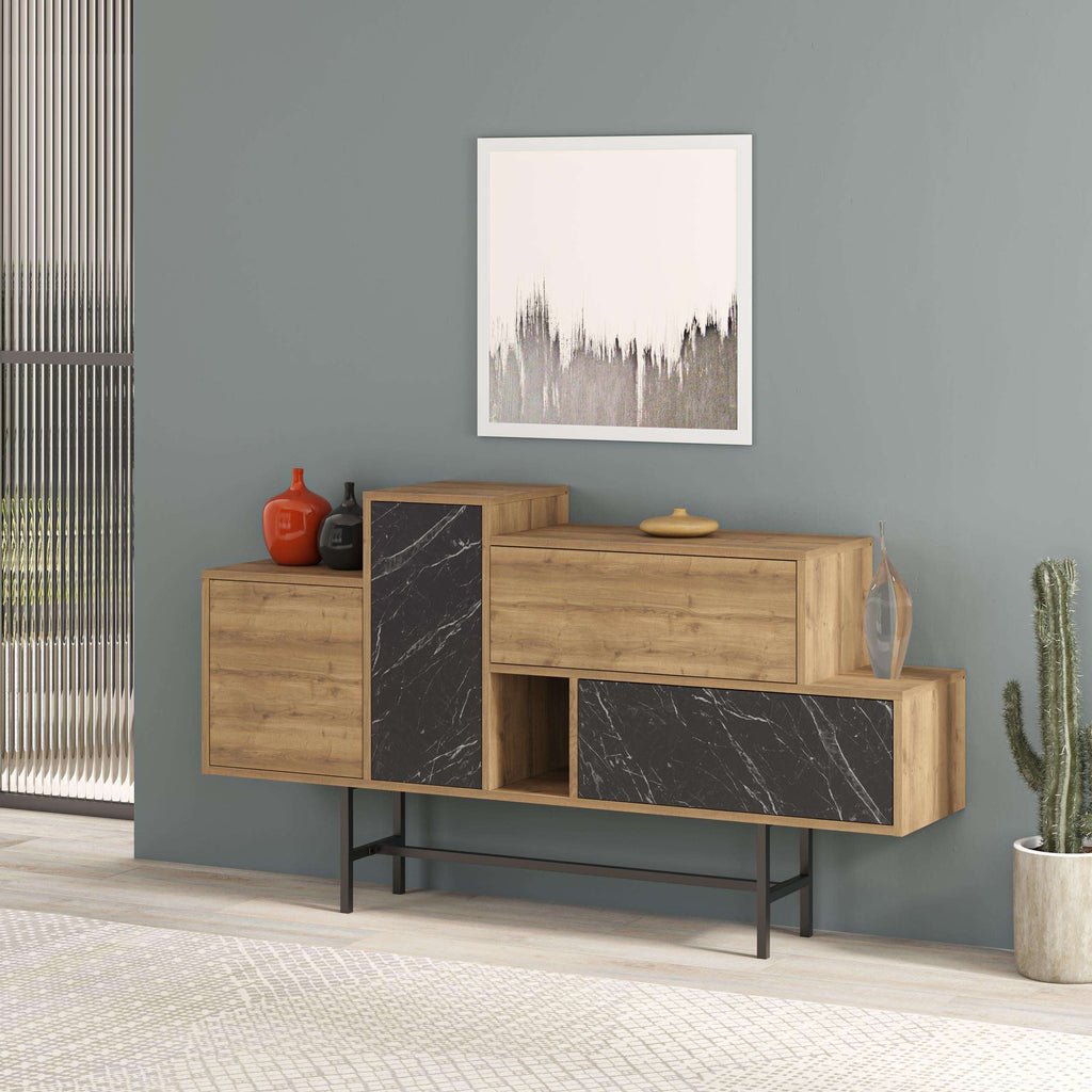 Console sideboard display unit featuring drawer fronts and dark marble panel
