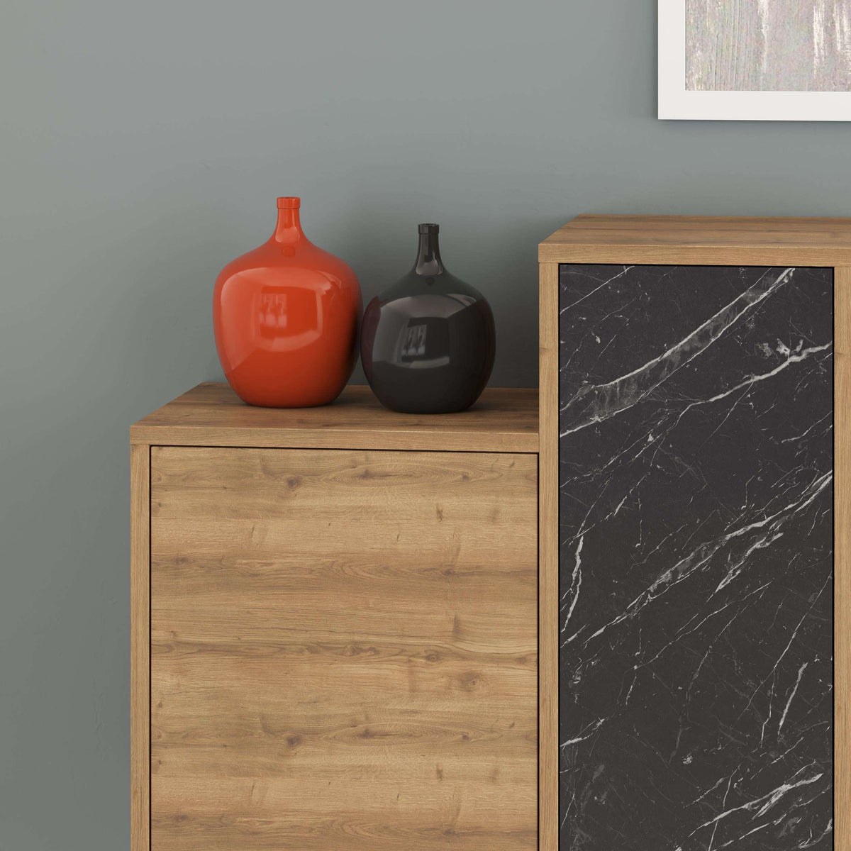 Console sideboard display unit close-up: light wood door and dark marble panel