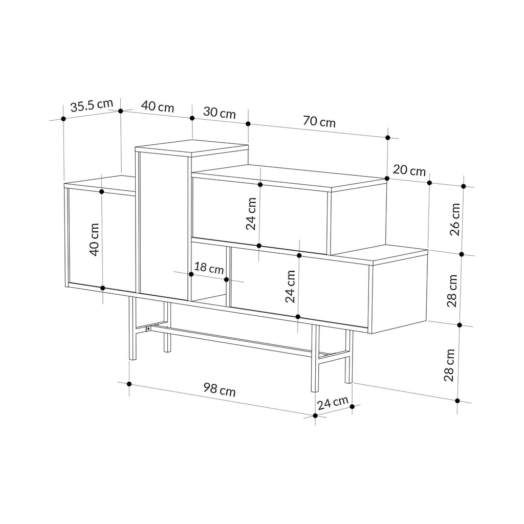 Console sideboard display unit with measured dimensions diagram