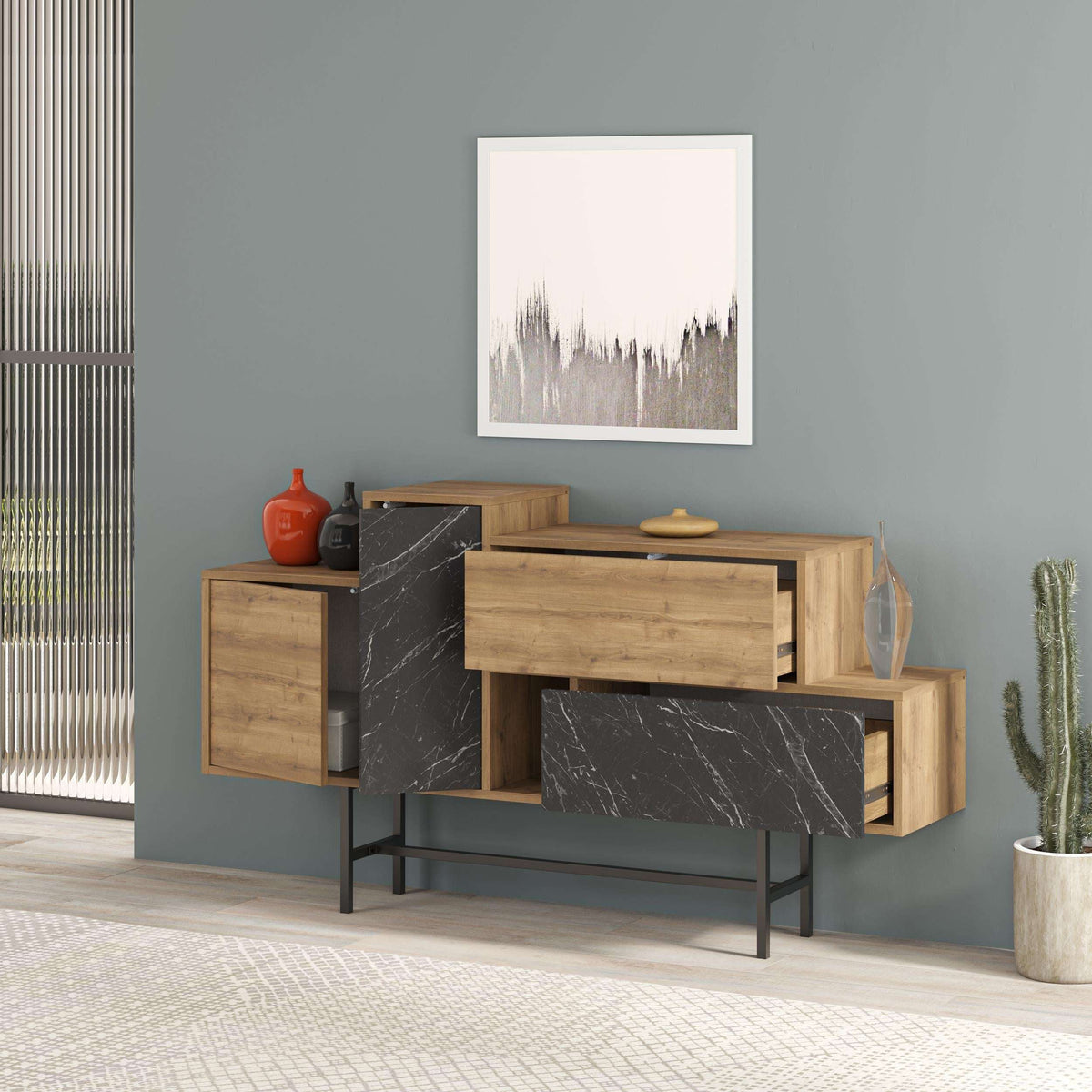 Console sideboard display unit with light wood and dark marble cabinet doors