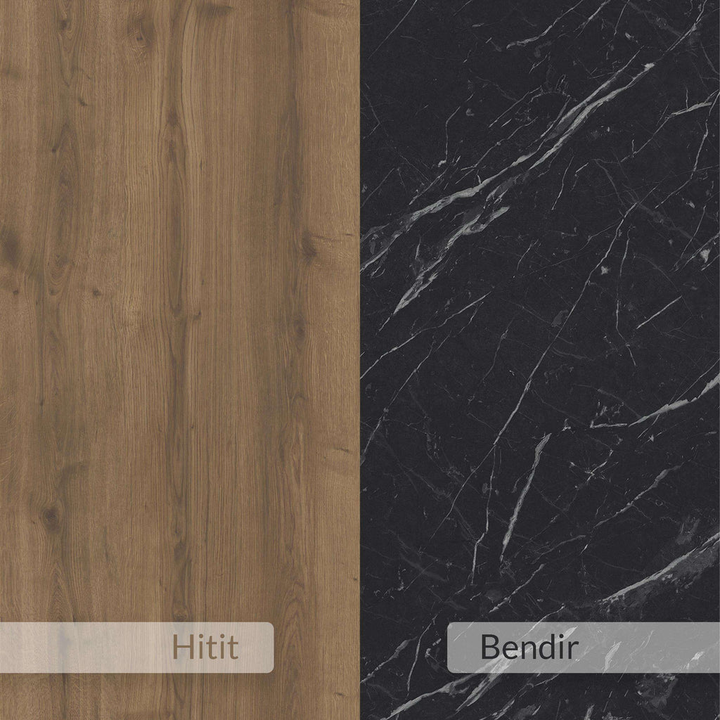 Dark marble panel and light wood surface finish detail