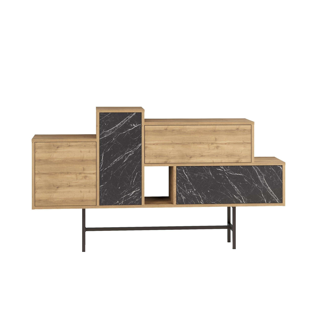 Console sideboard display unit with light wood panels and dark marble fronts