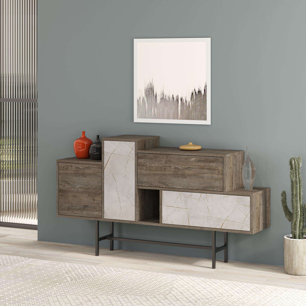 Hermes console sideboard with open cubby, light stone inlay and dark wood body