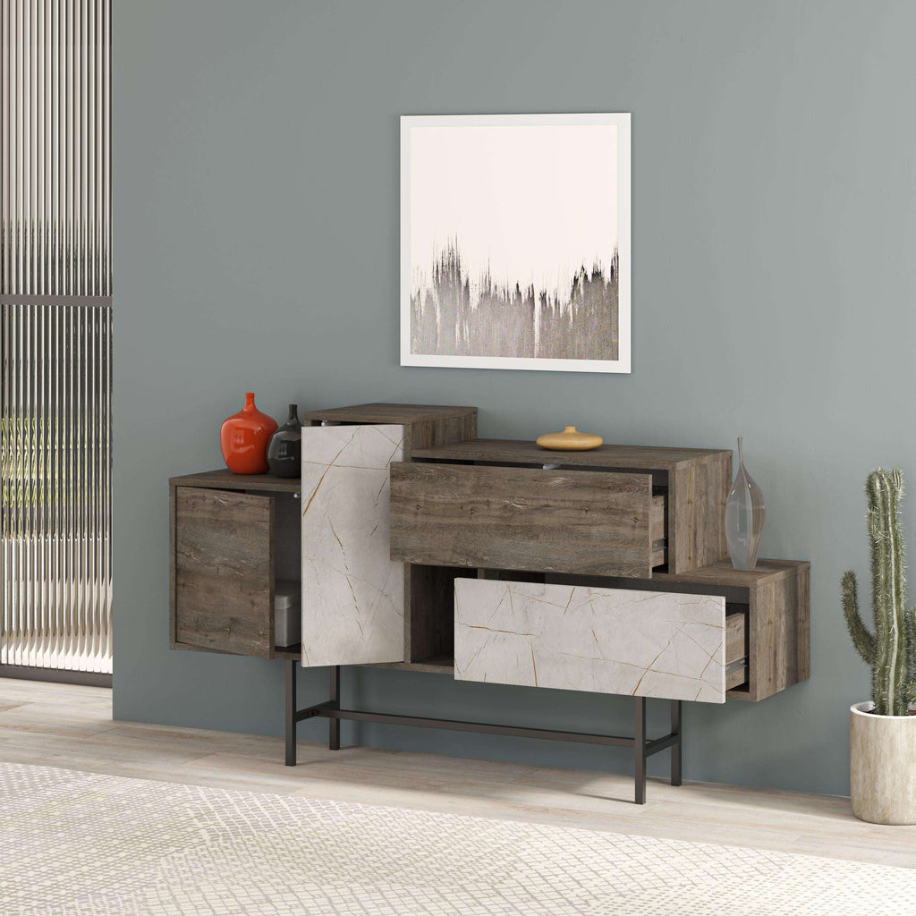 Hermes console sideboard with drawers, light stone doors, and dark coffee wood frame