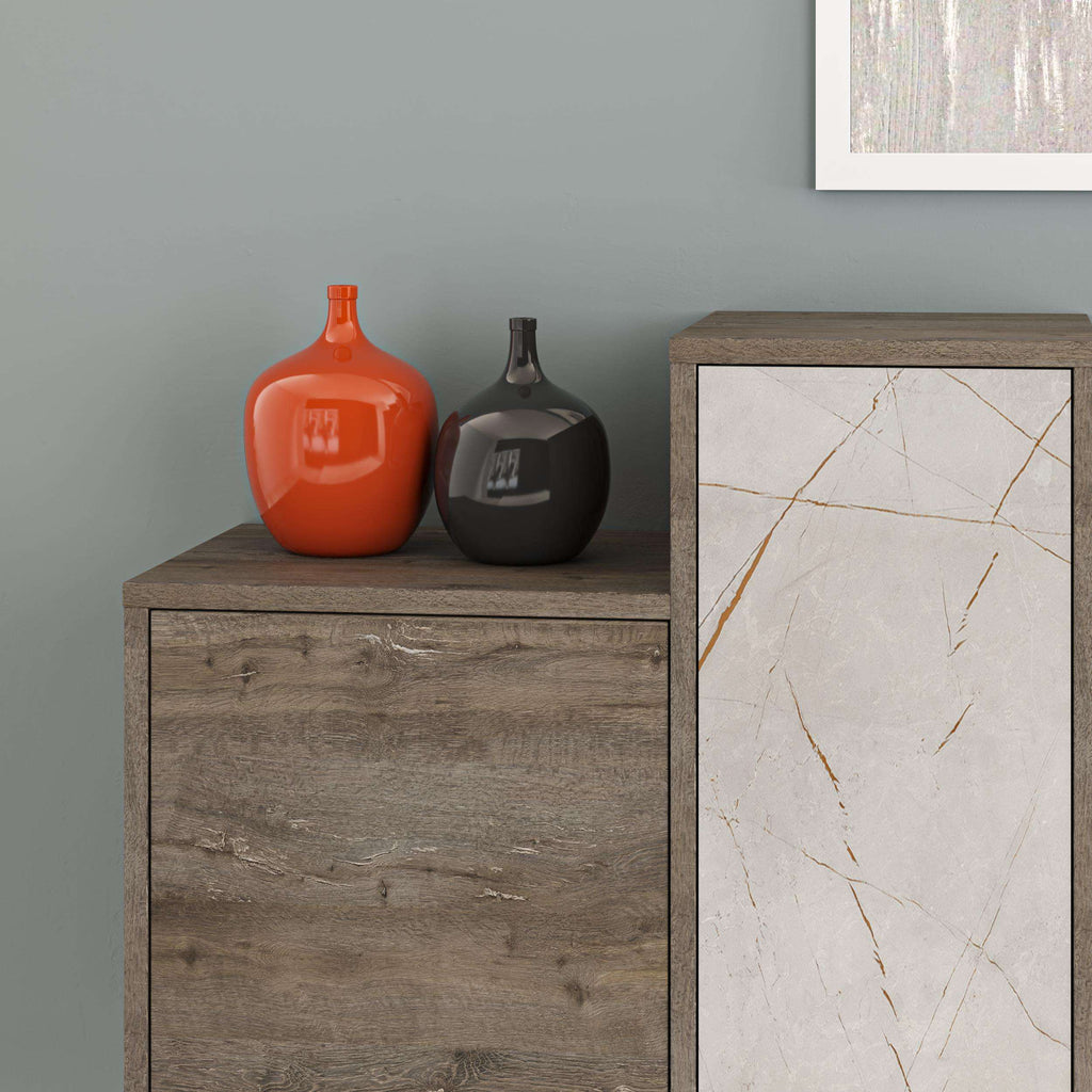 Console sideboard front with dark coffee wood panel and light stone door with gold lines