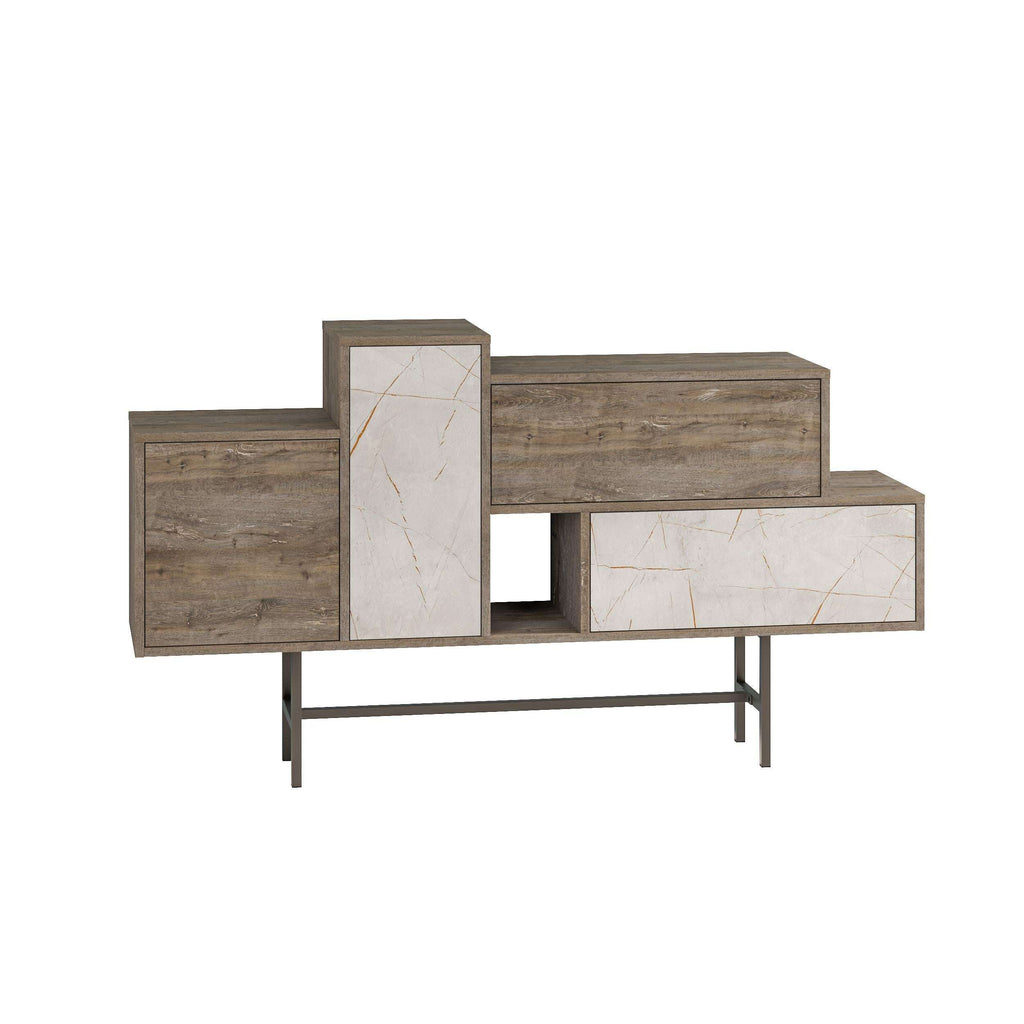 Console sideboard display unit with gray wood and white marble panels