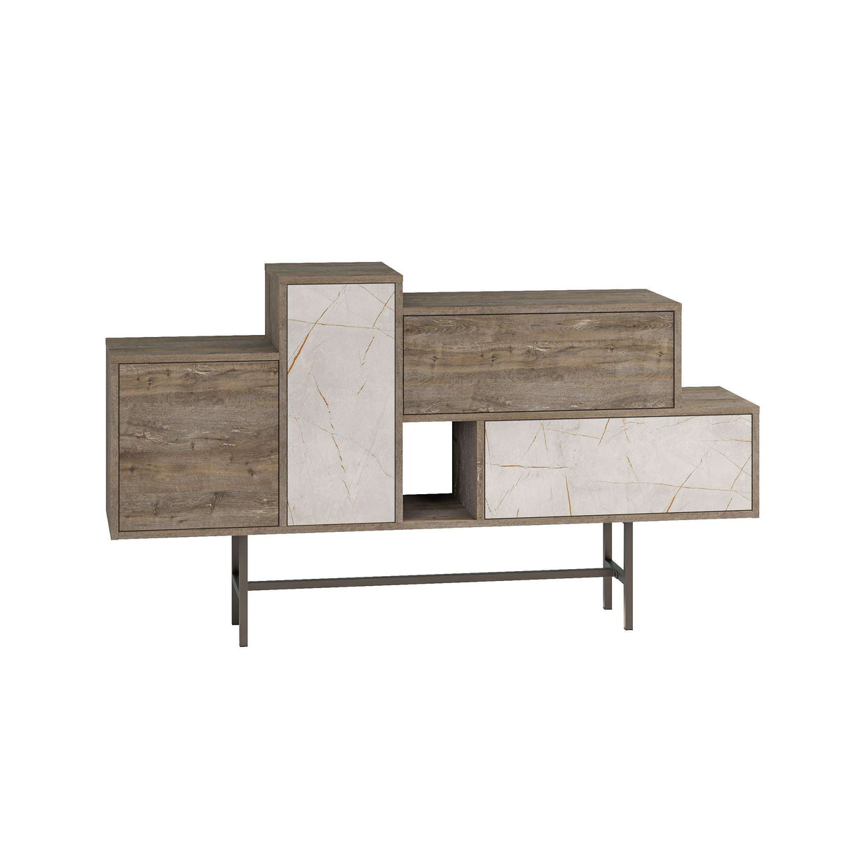Console sideboard display unit with gray wood and white marble panels