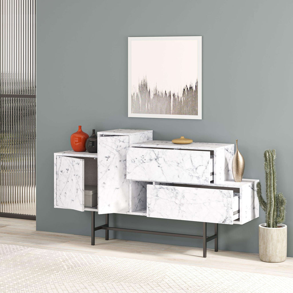 Hermes console sideboard with white marble-look surfaces and cabinet doors