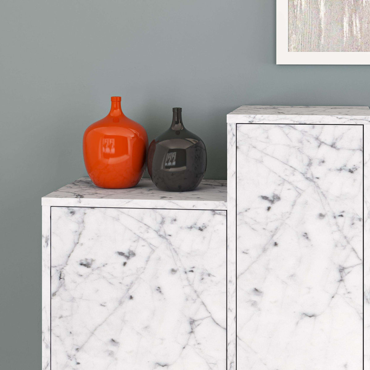 Hermes console sideboard close-up of white marble panels and door frame