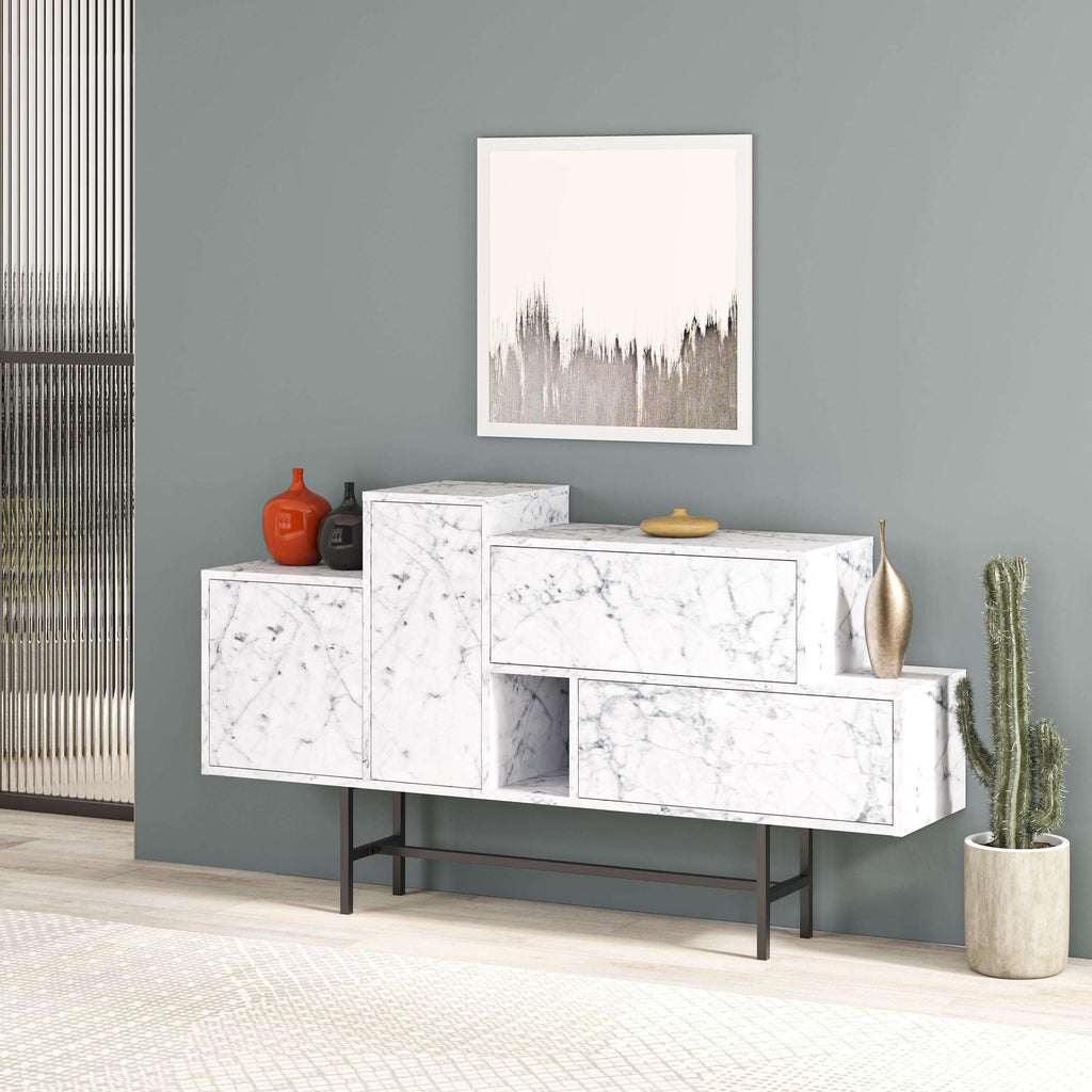 Hermes console sideboard with white marble-look drawers, doors, and open shelf