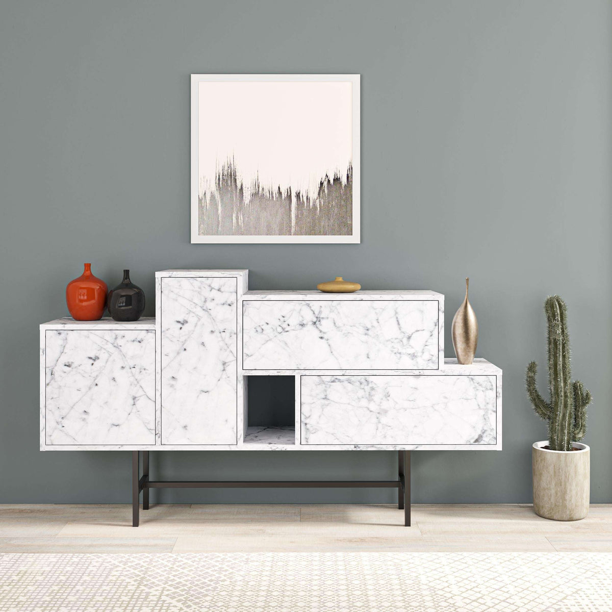 Hermes console sideboard with white marble-look panels, drawers, and open shelf