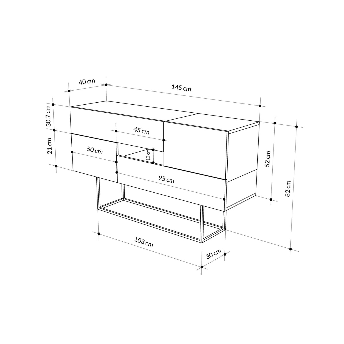 Console sideboard with storage cabinet and open shelf, side view with measurements